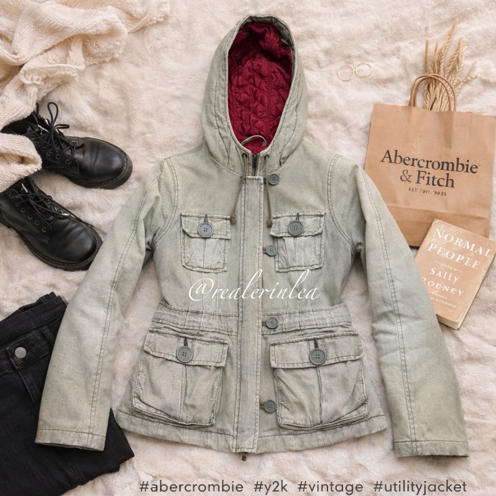 Abercrombie & Fitch Canvas Cargo Hooded Coat Green Army Utility Jacket Medium